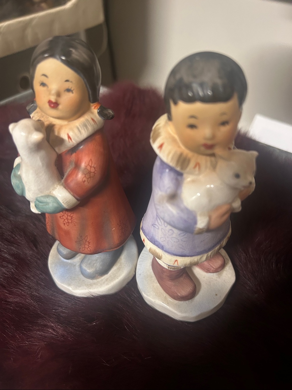 Hand-Painted Girl and boy Figurines with Pets - Red & Purple